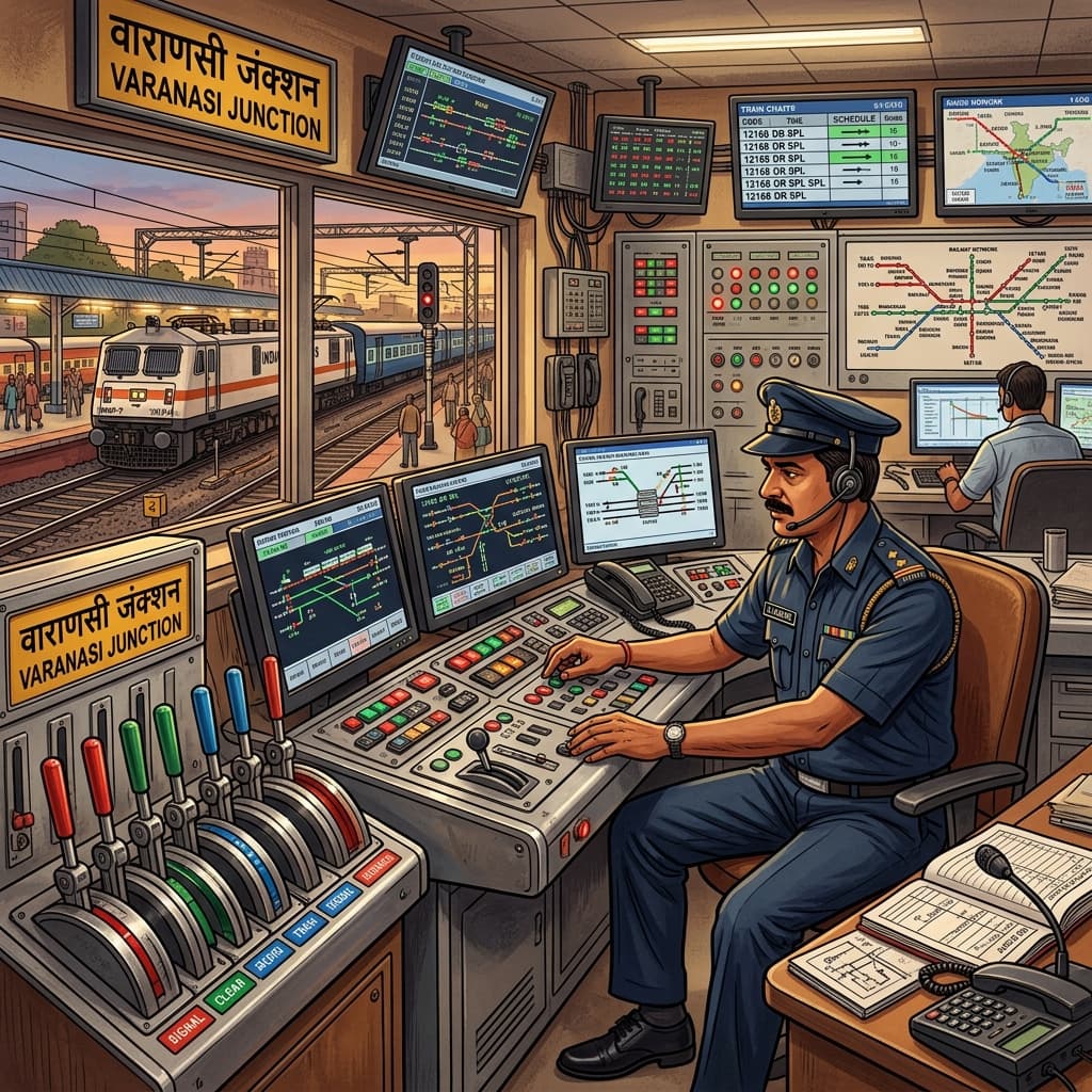 Railway station control room with signaling equipment