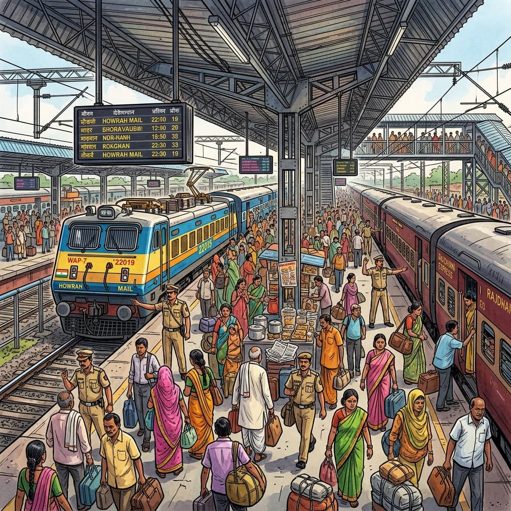A busy Indian railway station platform during peak hours