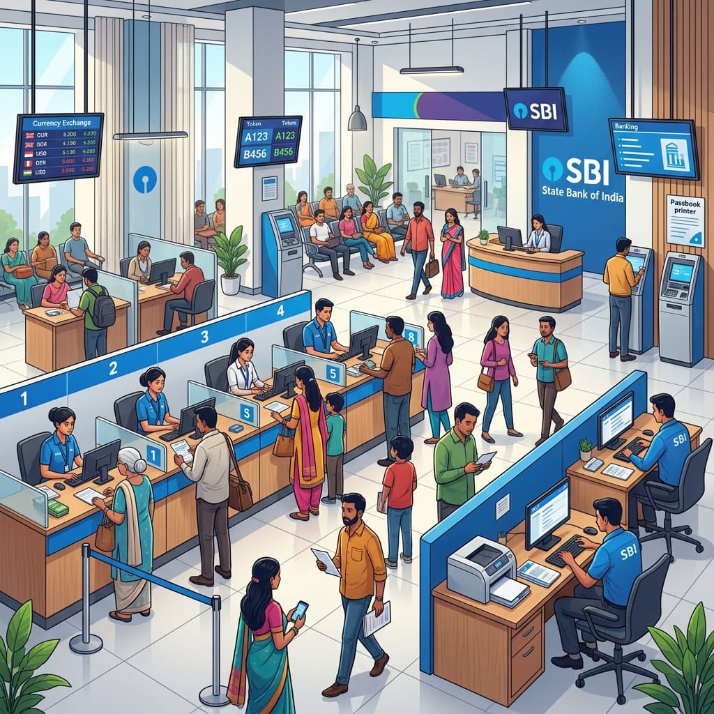 A busy SBI bank branch with customers and tellers