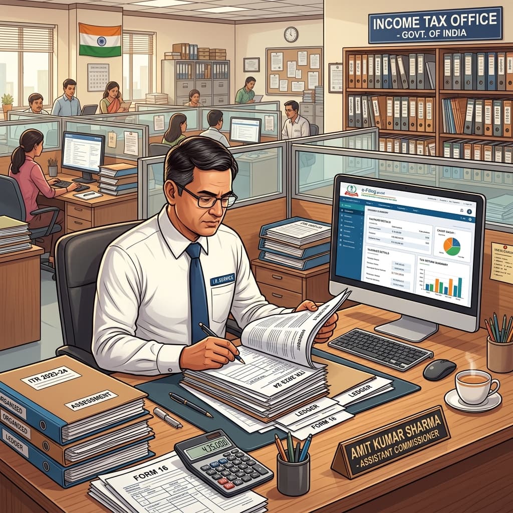 Income Tax Inspector reviewing documents at office desk